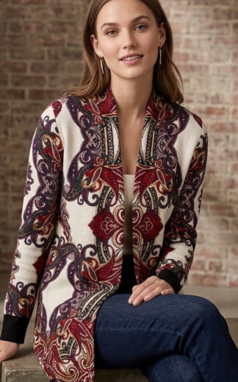 Chicos Paisley Cardigan in Moody, Rich Colors